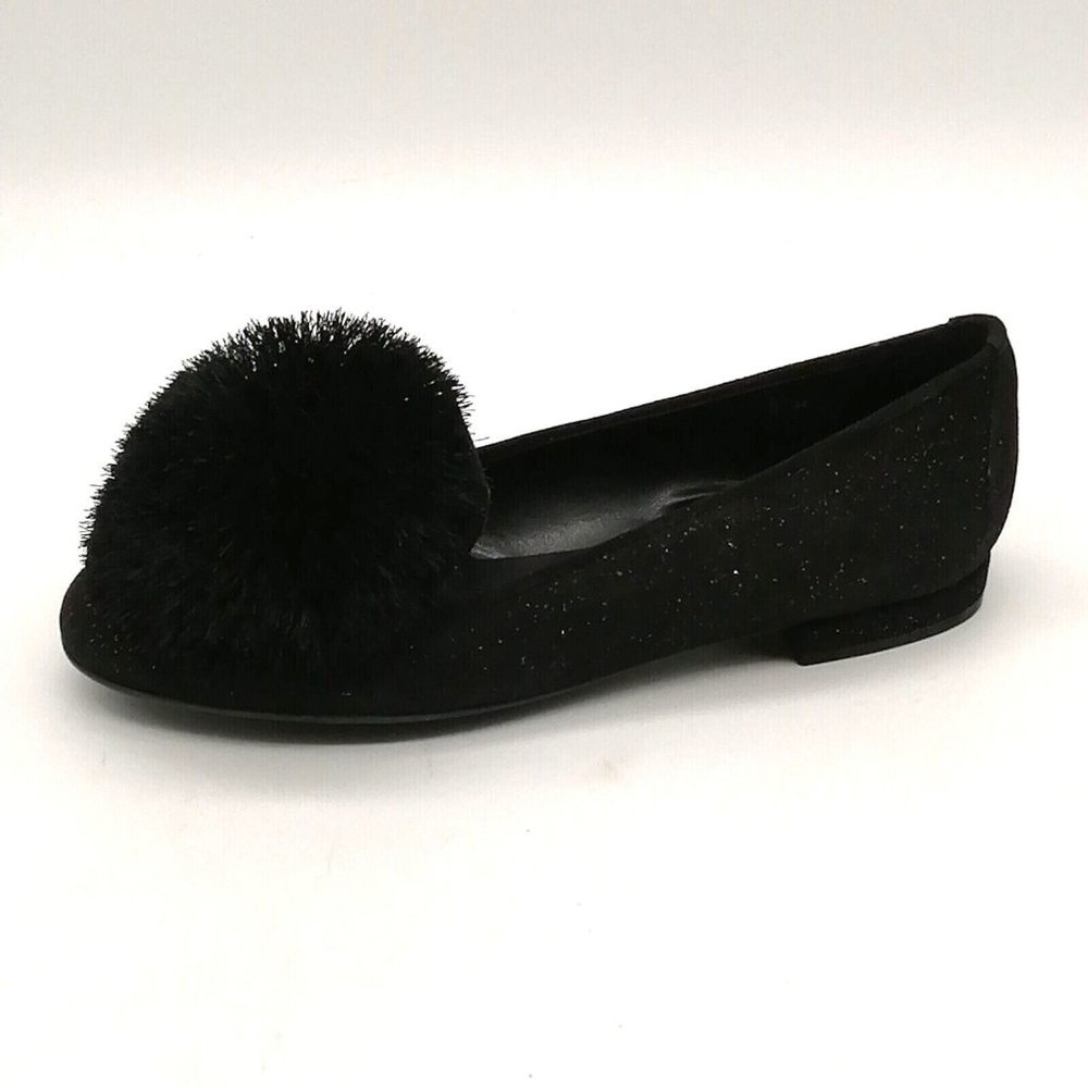 Sesto Meucci Womens Karla Front Pom Pom Slip On Flat Black Sparkle Sz 5 M NEW
